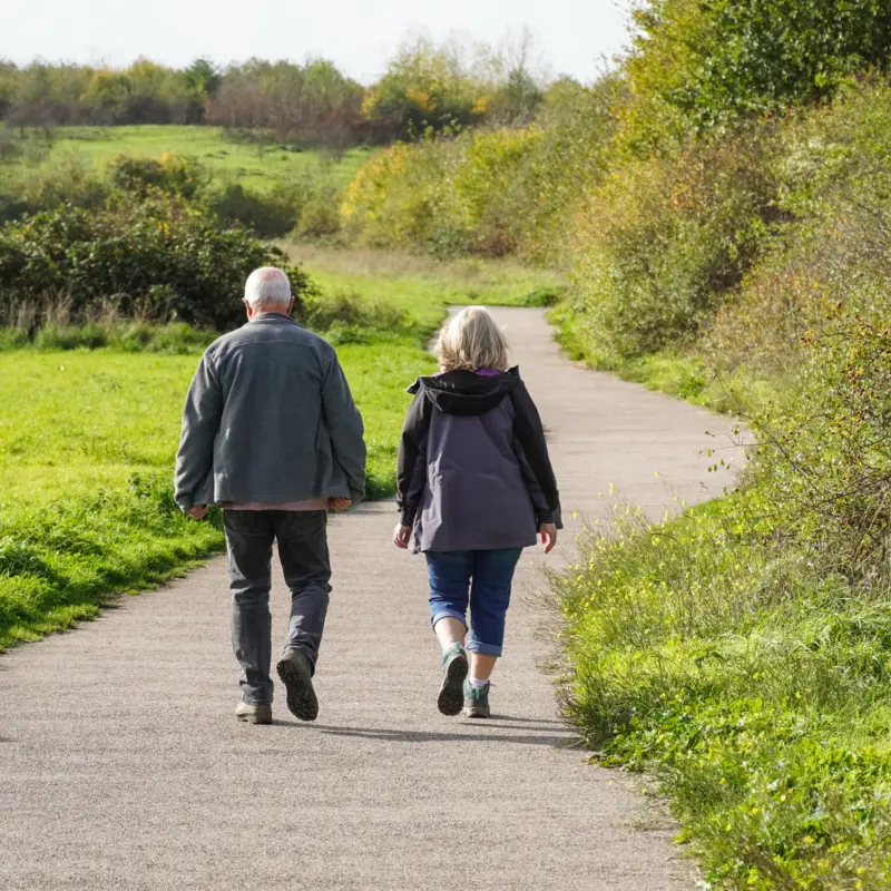 Senior couple walking in a park in autumn